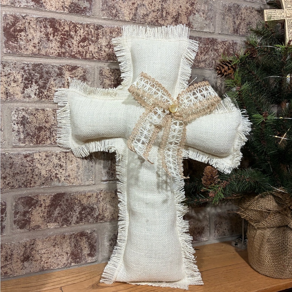 18” Rustic Burlap Cross pillow